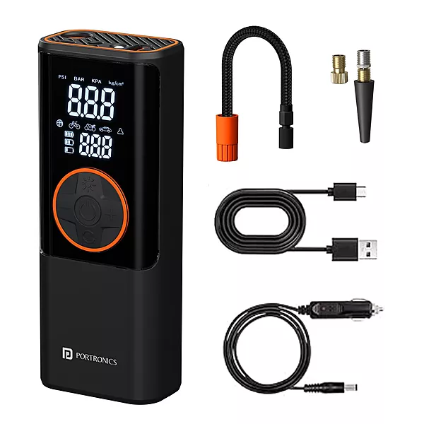 Portronics Vayu 4.0 – 2-in-1 Tyre Inflator, Black. Compact and portable, this device inflates tyres quickly and features a built-in LED light for nighttime use. Ideal for cars and bikes.