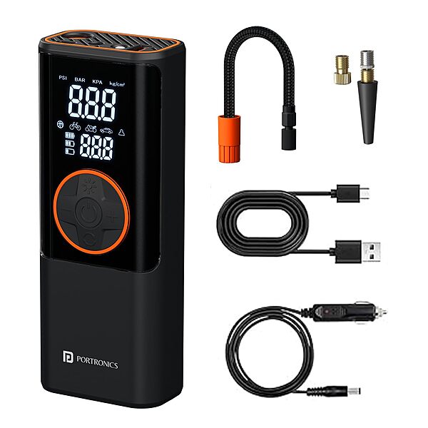Portronics Vayu 4.0 – 2-in-1 Tyre Inflator, Black. Compact and portable, this device inflates tyres quickly and features a built-in LED light for nighttime use. Ideal for cars and bikes.
