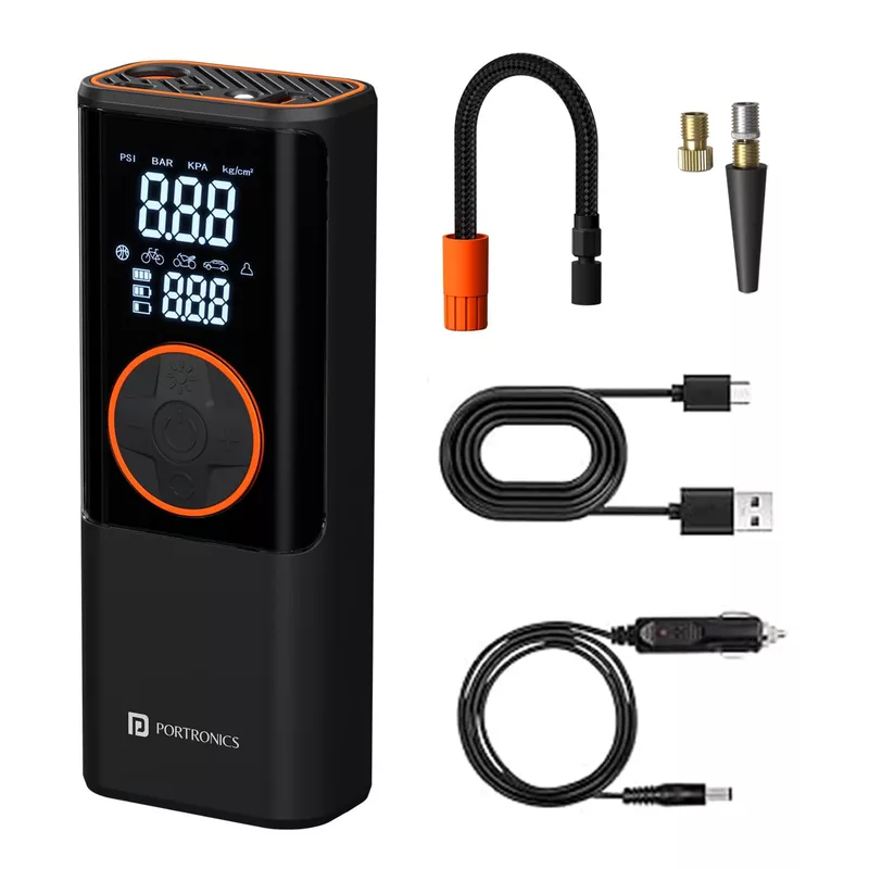Portronics Vayu 4.0 – 2-in-1 Tyre Inflator, Black. Compact and portable, this device inflates tyres quickly and features a built-in LED light for nighttime use. Ideal for cars and bikes.