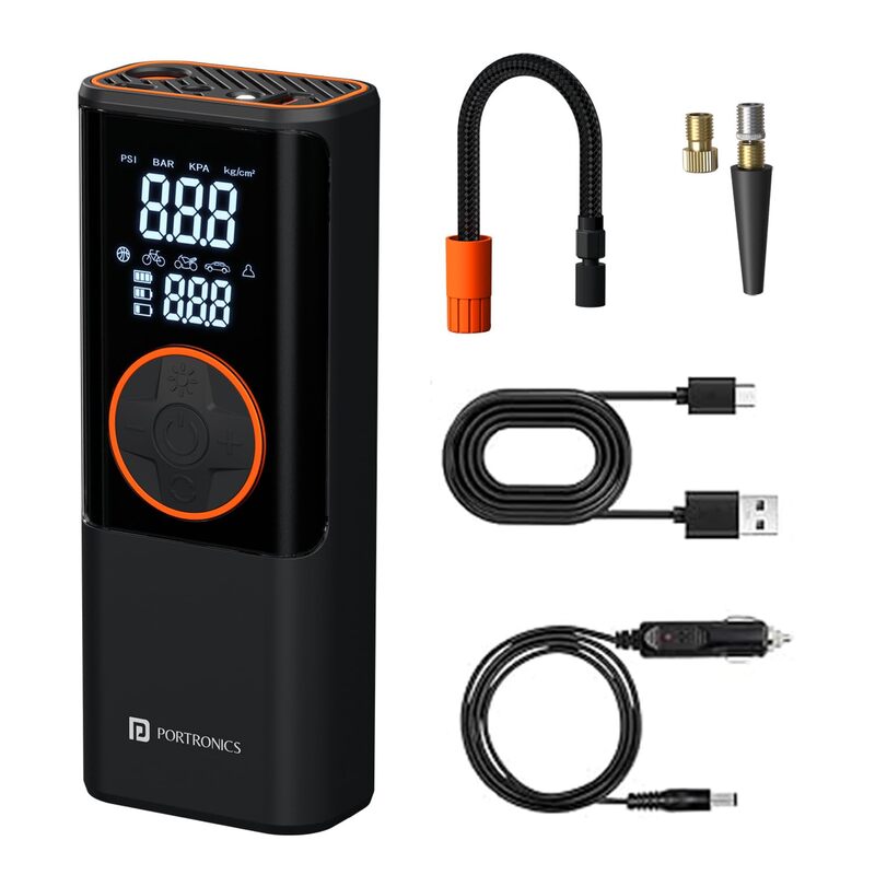Portronics VAYU 4.0 Tyre Inflator – 4000mAh Portable | Torch |  USB Output | Black | 1 Year Warranty