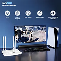 Lapcare W‑III 4G LTE SIM router: 300 Mbps 2.4 GHz Wi‑Fi (802.11b/g/n), Nano‑SIM slot, external antenna, supports up to 32 devices—ideal for home/office backup.