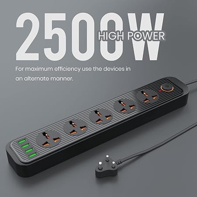 Portronics Power Plate 6 with 4 USB Port + 5 Power Sockets Extension Board, 2500W Power Converter, Cord Length 3Mtr (Black) Portronics Power Plate 6 with 4 USB Port + 5 Power Sockets Extension Board, 2500W Power Converter, Cord Length 3Mtr (Black)