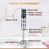 Kent Ss Hand Blender 450W | Variable Speed Control | Turbo Switch For Fast Blending | Detachable Shaft For Easy Cleaning | Hot & Cold Blending | Low Noise Dc Motor - Stainless Steel, 450 Watts, Silver