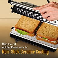 KENT 16025 Sandwich Grill 700W | Non-Toxic Ceramic Coating | Automatic Temperature Cut-off with LED Indicator | Adjustable Height Control, Metallic Silver, Standard