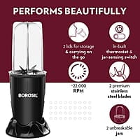 Borosil NutriFresh Portable Mini-Blender & Grinder, 500 ml Blending Jar, 300 ml Chutney Jar, For Blending Smoothies & Chutneys, Dry Grinding Spices, Black, 400 W