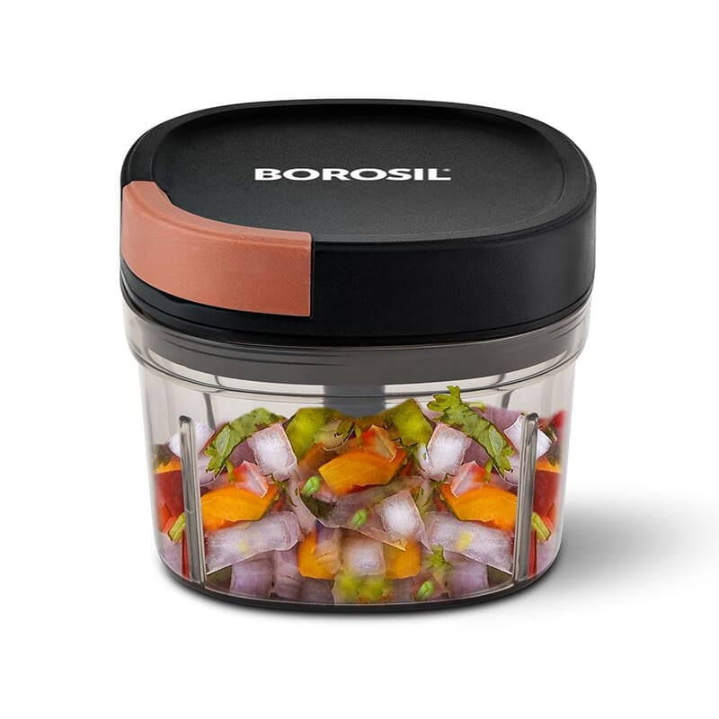 Borosil Chopper with 3 Blades, Pull Chopper with Durable String, Mini Chopper for Kitchen, For Chopping Vegetables, Leafy Greens & Herbs, BPA-free, Unbreakable 600 ml Chopping Bowl