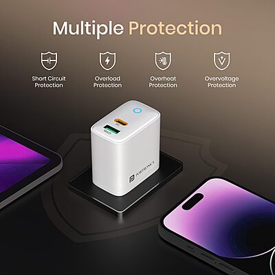 Portronics Adapto 35B 35W Dual Port Wall Charger Type-C PD & USB Fast Charging White