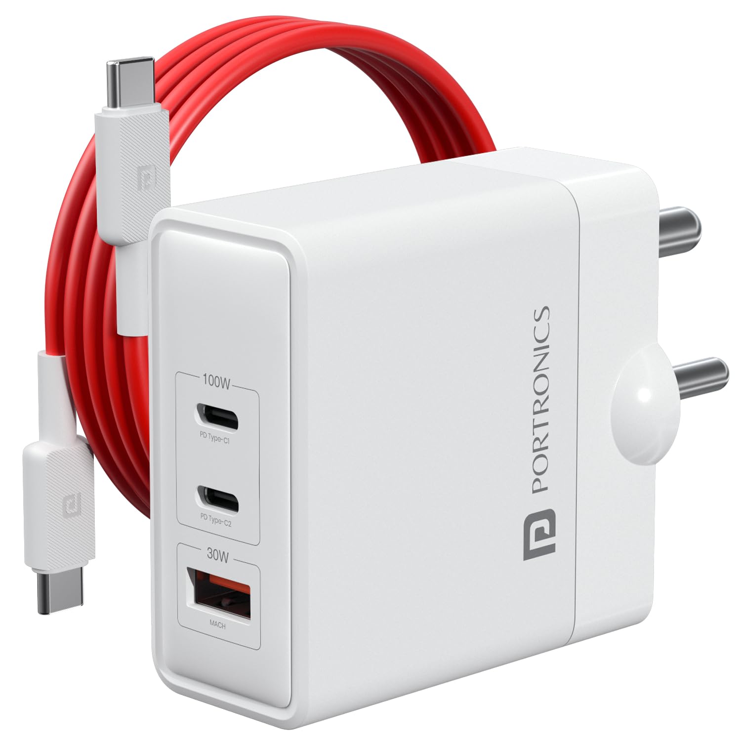 Portronics Adapto 100 100W GaN Triple Port Fast Charger | Dual Type-C PD + USB-A White