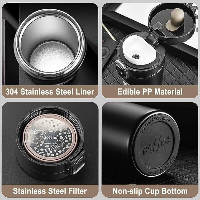 Coffee Travel Mug with Push-Button Lid, Stainless Steel, Red (Black)