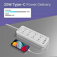 Portronics Power Plate 23 Extension Board – 8 Sockets, USB & 20W Type-C PD, White