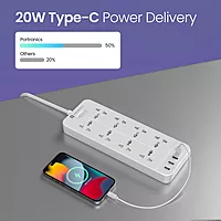 Portronics Power Plate 23 Extension Board – 8 Sockets, USB & 20W Type-C PD, White