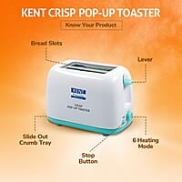 Kent 16105 Crisp Pop Up Toaster 750 Watts | 2 Slice Automatic Pop Up Electric Toaster | 6 Heating Modes | Auto Shut Off | Removable Bread Crumbs Tray | White