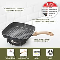 Borosil Vajra Die-Cast Non-Stick Aluminium Square Grill Fry Pan, Frying Pan with Ridges, Black with Wood-Finish Handles, 240 mm Wide, 5 mm Thick