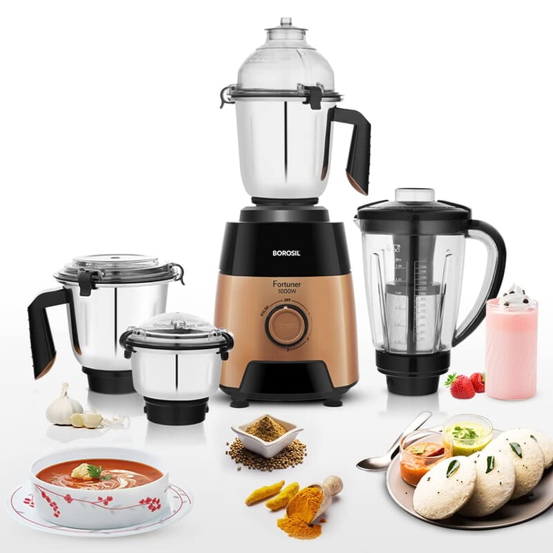 Borosil Fortuner Mixer Grinder Blender Juicer, Copper Motor, For Wet/Dry Mixing & Grinding, Blending Smoothies & Juicing Fruits 1000 Watts, 4 Jars (0.4L+1L+1.2L) (1.5L+1.5L+1.2L+0.4L)