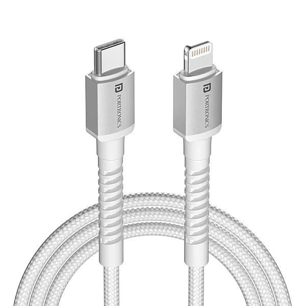 Portronics Konnect X – 27W Type-C to Lightning Cable, 2M White. Fast charging and data transfer, durable design, compatible with iPhone and iPad, perfect for everyday use and travel.