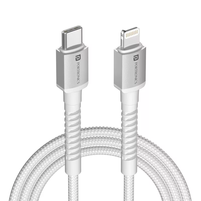 Portronics Konnect X – 27W Type-C to Lightning Cable, 2M White. Fast charging and data transfer, durable design, compatible with iPhone and iPad, perfect for everyday use and travel.