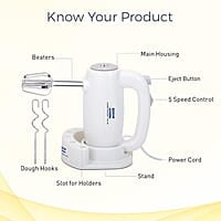 KENT 150W 16050, 5 Speed Control, Copper Motor, Multiple Beaters, Overheating Protection, Food Grade Plastic Body Hand Blender (White)