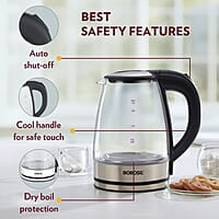 Borosil Electric Glass Kettle, Borosilicate Glass, Extra Long Cord, Dry-boil Protection, 360° Rotating Base, 1.8 L, Transparent