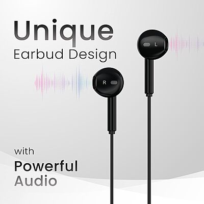 Portronics Conch Theta C – Type-C Earphones, with built-in Mic, sleek design, superior sound quality, comfortable fit, perfect for music lovers and calls, available in stylish black color.