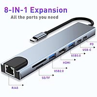 Prime Dock 8 in 1 Type-C to Multiport Adapter with 4K HDMI, RJ45 LAN, USB 3.0, Type-C cum PD, TF & Micro SD Card Reader Multiport Adapter Docking Station