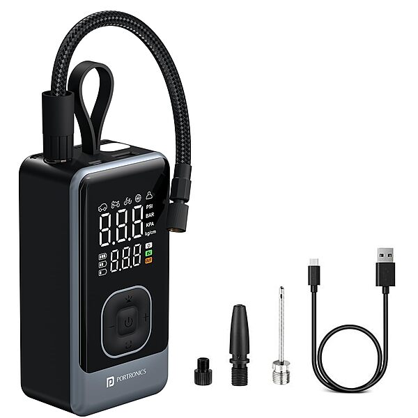 Portronics VAYU 8.0 Tyre Inflator – 4000mAh Portable | Digital Display | USB Output | Black |
