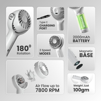 Portronics Toofan Mini Portable Rechargeable Fan with 3 Speed Modes, Upto 7800 RPM Max Speed, 2000 mAh Battery, Type C Charging Port, Magnetic Base for Stability Portronics Toofan Mini Portable Rechargeable Fan with 3 Speed Modes, Upto 7800 RPM Max Speed, 2000 mAh Battery, Type C Charging Port, Magnetic Base for Stability