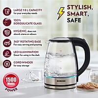 Borosil Electric Glass Kettle, Borosilicate Glass, Extra Long Cord, Dry-boil Protection, 360° Rotating Base, 1.8 L, Transparent