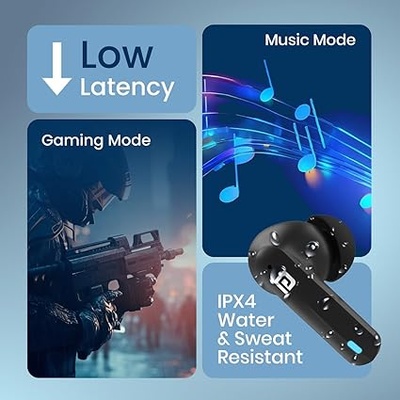 Portronics Harmonics Twins S11 Gaming Earbuds with Long Playtime,TWS Low Latency,Auto ENC Quad 4 Mics,BT5.3V,Rapid Pairing,IPX 4 Water Resistance,Wireless Earpods,in-Ear,Type C Fast Charging Portronics Harmonics Twins S11 Gaming Earbuds with Long Playtime,TWS Low Latency,Auto ENC Quad 4 Mics,BT5.3V,Rapid Pairing,IPX 4 Water Resistance,Wireless Earpods,in-Ear,Type C Fast Charging