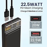 Portronics Luxcell C 10K Power Bank –  22.5W Fast Charging | Mach USB-A & Type-C PD | Black