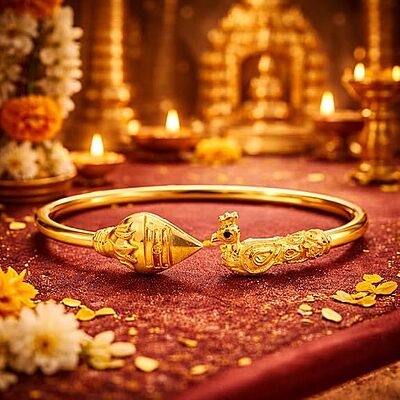 Impon Gold Plated Peacock Design Kada for Women | Traditional Openable Bangle | Antique Finish Temple Jewelry Bracelet