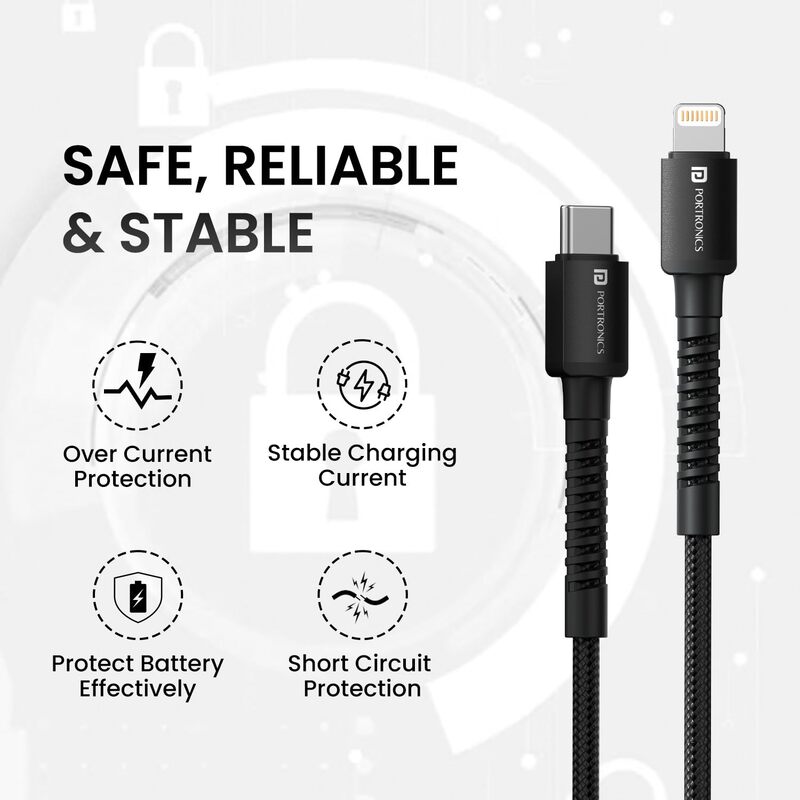POR 2166 Konnect X C-Lightning – 27W Type-C to Lightning Braided Cable | 1M | Black