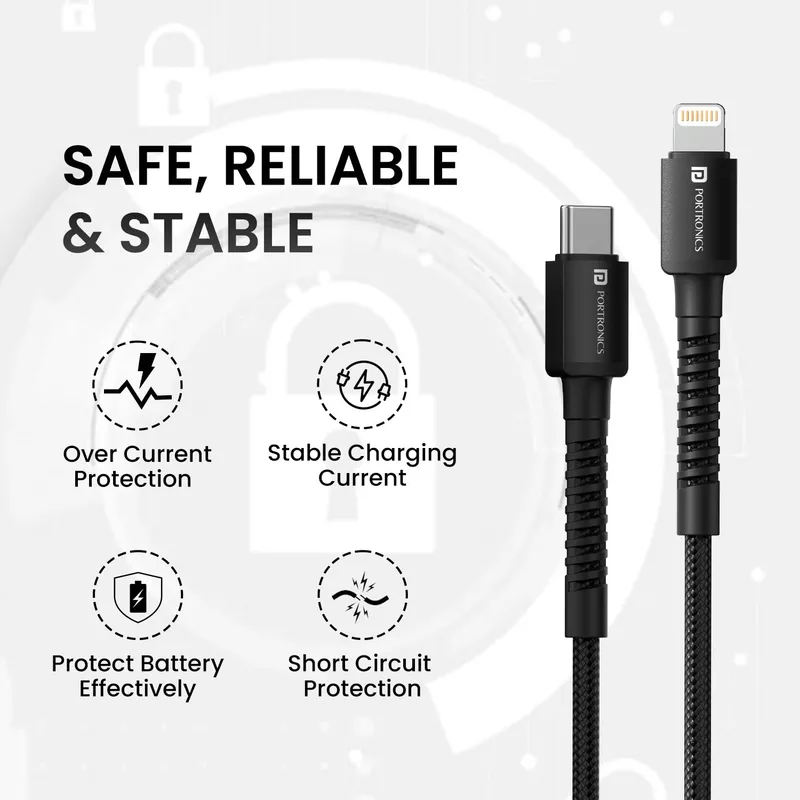 POR 2168 Konnect X C-Lightning – 27W Type-C to Lightning Braided Cable | 2M | Black | 06 Months