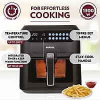 Borosil Digital Air Fryer 4.7 L Capacity with Digital Display | 10 Menu Mode For Home Kitchen | 8 in 1 Function | Air Fryer for Bake, Grill, Roast, Reheat etc. | 90% Less Oil | 1300 Watt