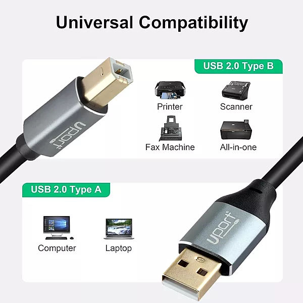 UPORT USB 2.0 Male to Male Cable, 5M length, ideal for connecting devices like printers, scanners, and external drives. High-speed data transfer, durable design, and flexible for easy use.