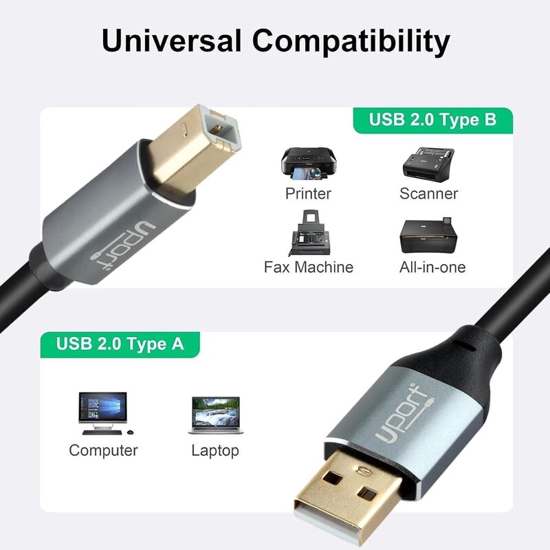 UPORT USB 2.0 Male to Male Cable, 5M length, ideal for connecting devices like printers, scanners, and external drives. High-speed data transfer, durable design, and flexible for easy use.