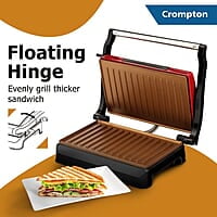 Crompton QuickServe 2 Slice Panini Maker with Floating Hinges 700W Sandwich Maker Golden Food Grade Non-Stick Coating Plates Sandwich Maker