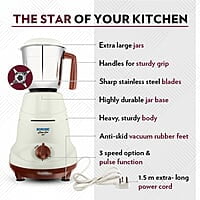 Borosil Home Star Mixer Grinder, For Wet/Dry Mixing & Grinding, 500 Watts, 3 Stainless Steel Jars(1.2 L Blending Jar, 800 ml Dry/Wet Grinder, 400 ml Chutney Jar), Mixie For Kitchen