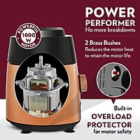 Borosil Fortuner Mixer Grinder Blender Juicer, Copper Motor, For Wet/Dry Mixing & Grinding, Blending Smoothies & Juicing Fruits 1000 Watts, 4 Jars (0.4L+1L+1.2L) (1.5L+1.5L+1.2L+0.4L)