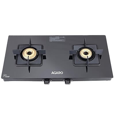 AGARO Regency 2 Burners Gas Stove, Toughened Glass Top, Brass Burners, 1 Small & 1 Medium Size Burner
