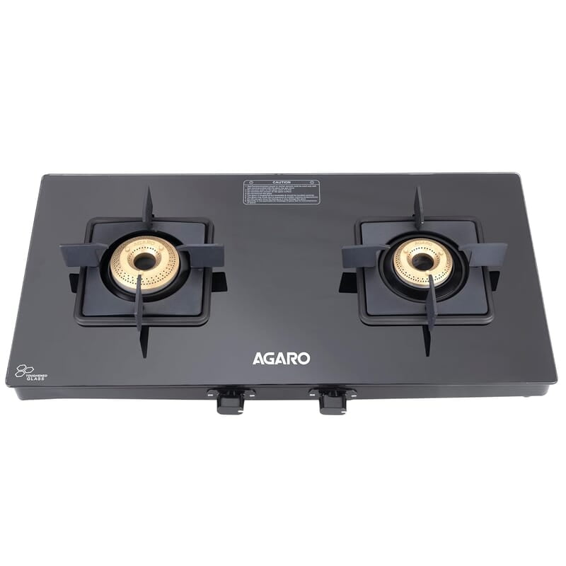 AGARO Regency 2 Burners Gas Stove, Toughened Glass Top, Brass Burners, 1 Small & 1 Medium Size Burner