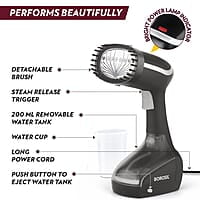 Borosil Handheld Garment Steamer Gs01,Horizontal & Vertical Use,1000 Watts Fast Heating,Ceramic Steam Nozzle,200 Ml Water Tank,Detachable Fabric Brush,Lint Brush,For Silk,Nylon,Rayon,Wool,Cotton