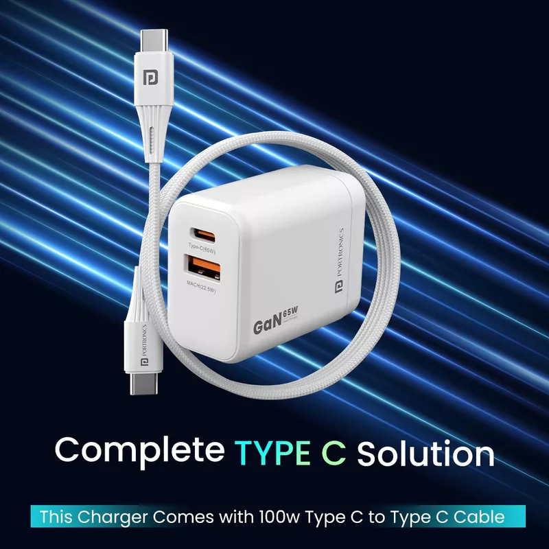 Portronics Adapto 65X 65W GaN Dual Port PD Charger with 100W Type-C Cable | White