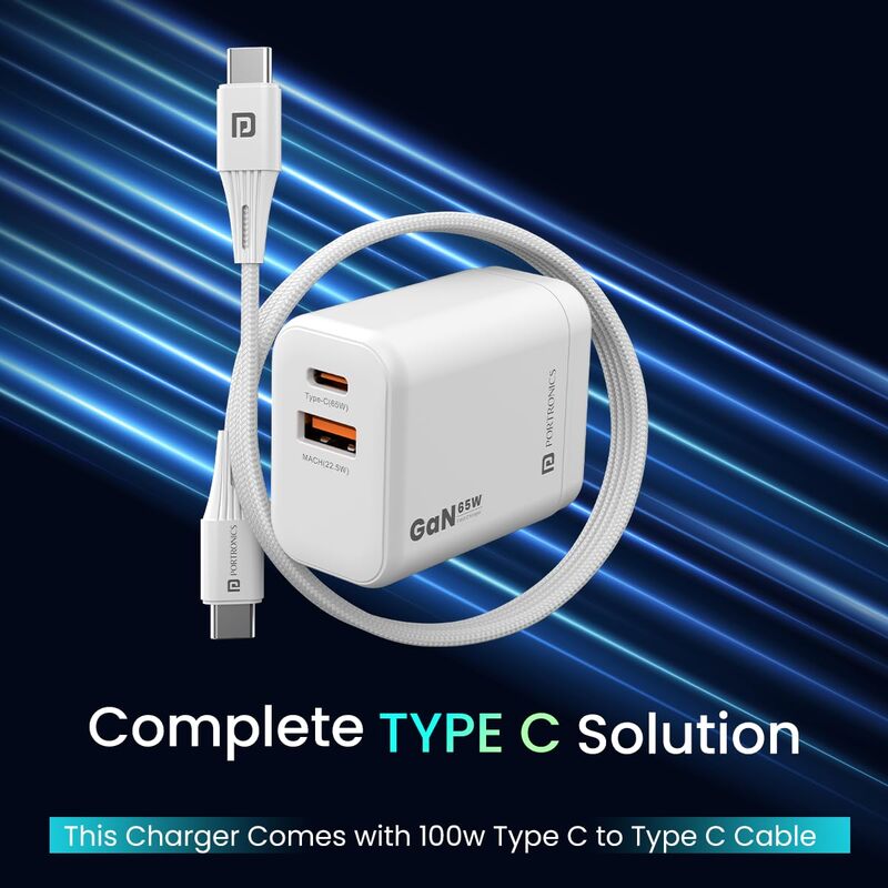 Portronics Adapto 65X 65W GaN Dual Port PD Charger with 100W Type-C Cable | White