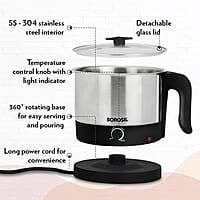 Borosil 1 L 600W Stainless Steel Omni Electric Kettle with Egg and Momo Tray | Water Heater Jug | Auto Cut-off, Overheat & Dry Boil Protection | Multipurpose Kettle | 1 Year Warranty