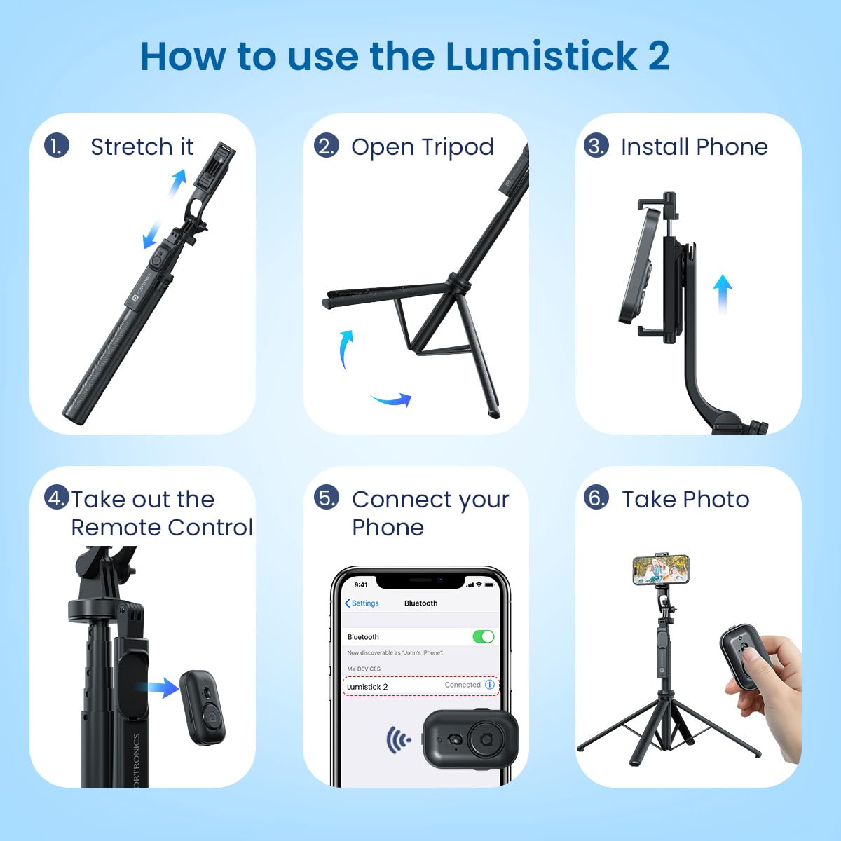 Portronics Lumistick 2 – 3-in-1 Selfie Stick Tripod: Capture amazing selfies and group photos with adjustable height and Bluetooth remote.