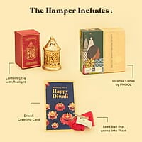 Eat Better Co Prakriti Diwali Gift Hamper with Jute Tray - 10 Item Gift Pack - Dry Fruits Laddoo, Chocolate Coated Nuts with Phool Incense Cones & Lanten Diya | Diwali Gift Box for Friends & Family