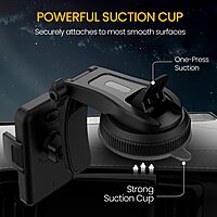 Portronics Clamp M5 – Car Phone Holder. Suction mount securely holds phones. Easy installation, adjustable, compatible with most smartphones.