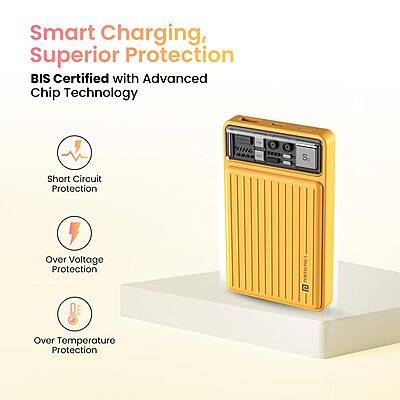 Portronics Luxcell Mini 10K Power Bank – 10000mAh | 22.5W Max Output | Type-C PD Output | USB-A Output | LED Indicator | Wake-Up Button | Yellow