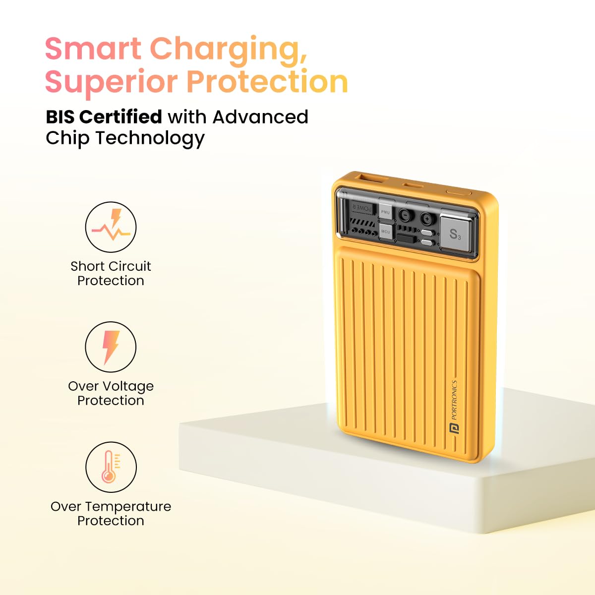 Portronics Luxcell Mini 10K Power Bank – 10000mAh | 22.5W Max Output | Type-C PD Output | USB-A Output | LED Indicator | Wake-Up Button | Yellow