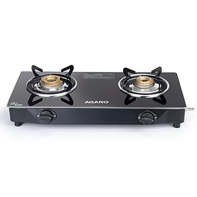 AGARO Elite 2 Burners Gas Stove, Toughened Glass Top, Round Brass Burners, 1 Small & 1 Medium Size Burner